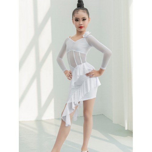 Girls latin dance dresses white black lace flowers fringe latin salsa ballroom performance costumes birthday gift party dance coutfits for kids 